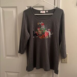 Quacker Factory Christmas Cats W/Embroidered Cats & Rhinestones Holiday Top Sz L